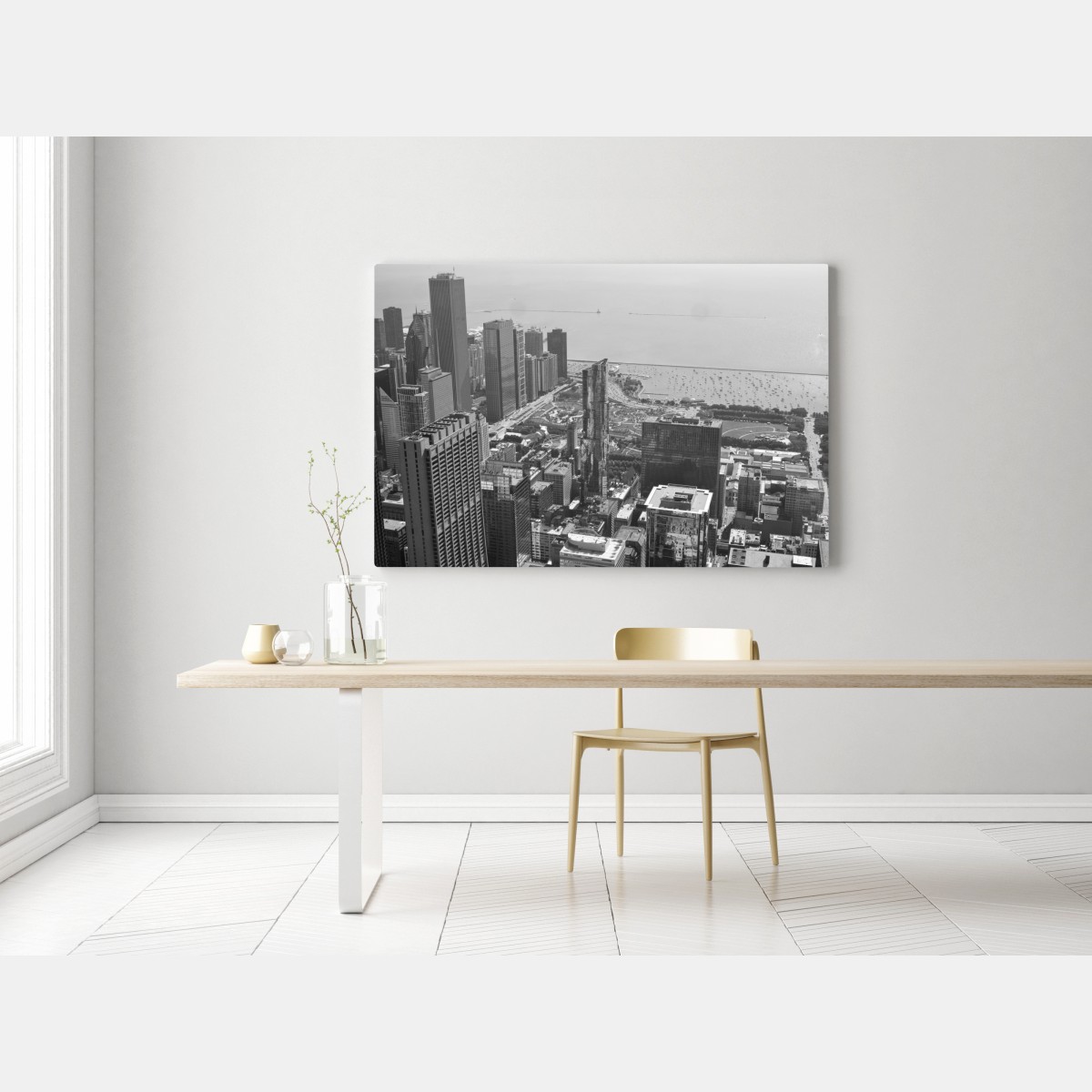 Obraz na płótnie czarno-biała panorama miejskiej linii brzegowej – Wallissimo® Obraz na płótnie czarno-biała panorama miejskiej linii brzegowej – Wallissimo®