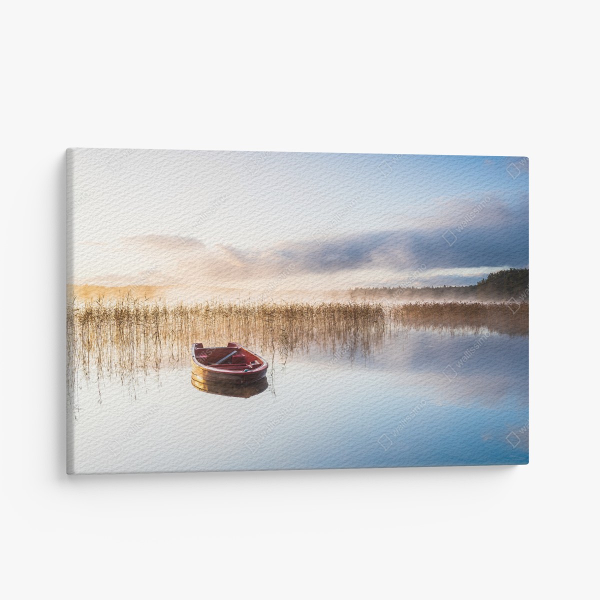 Canvas print misty morning lake with red boat
