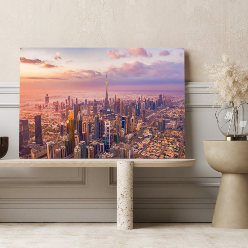 Obraz na płótnie zachód słońca nad panoramą Dubaju z Burj Khalifa – Wallissimo® Obraz na płótnie zachód słońca nad panoramą Dubaju z Burj Khalifa – Wallissimo®