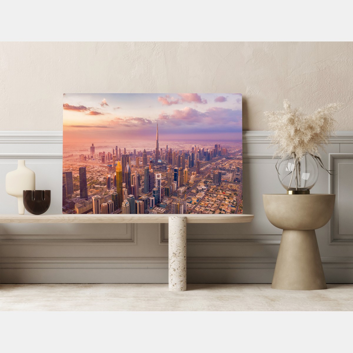 Obraz na płótnie zachód słońca nad panoramą Dubaju z Burj Khalifa – Wallissimo® Obraz na płótnie zachód słońca nad panoramą Dubaju z Burj Khalifa – Wallissimo®