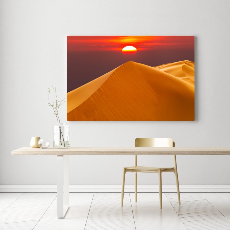 Obraz na płótnie złoty zachód słońca nad wydmami pustyni – Wallissimo® Obraz na płótnie złoty zachód słońca nad wydmami pustyni – Wallissimo®