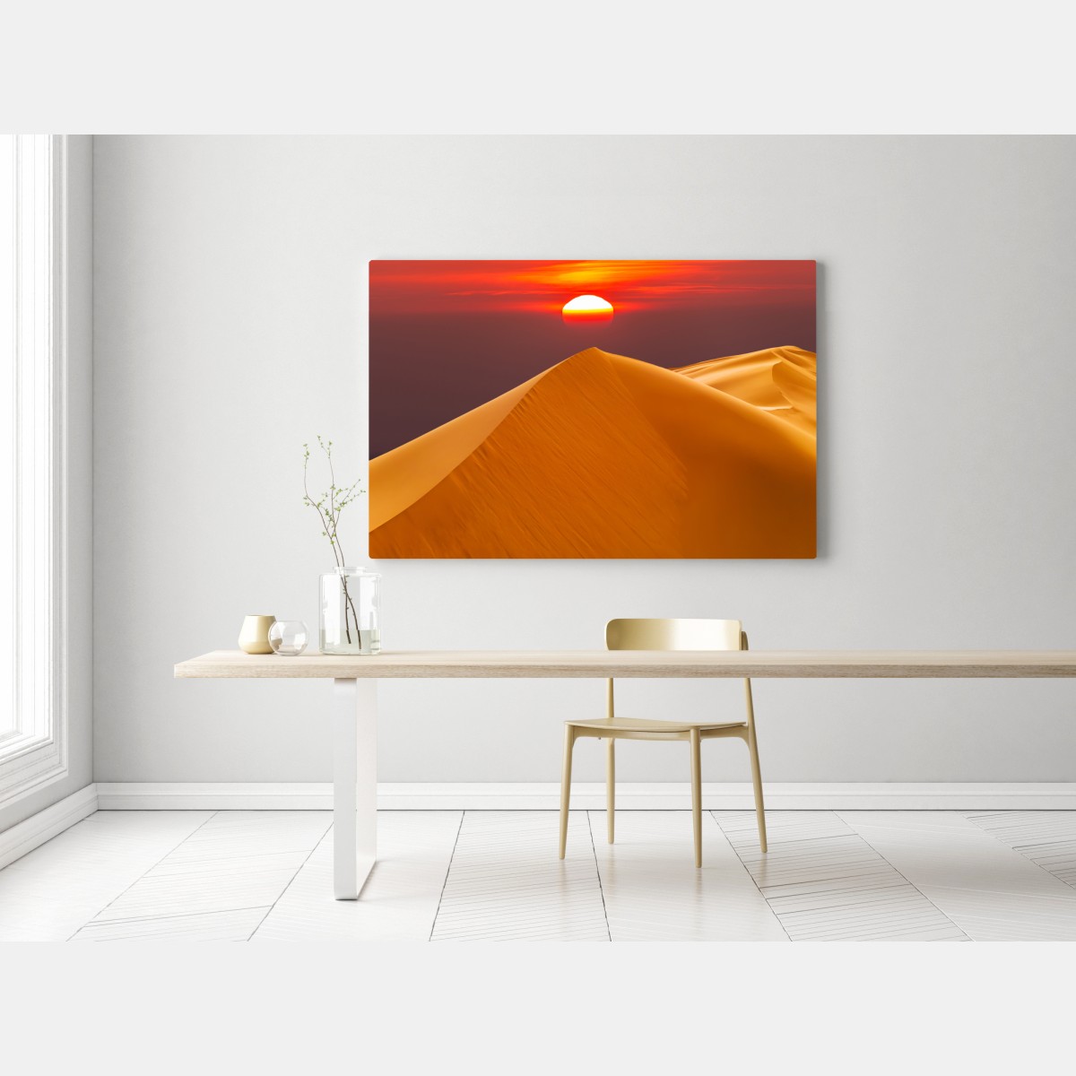 Obraz na płótnie złoty zachód słońca nad wydmami pustyni – Wallissimo® Obraz na płótnie złoty zachód słońca nad wydmami pustyni – Wallissimo®