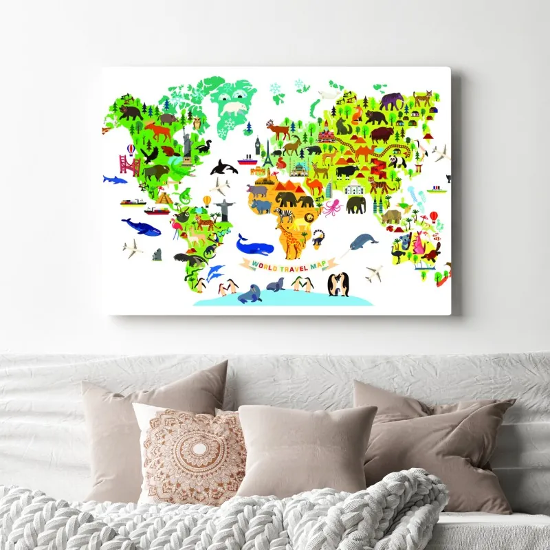 Obraz na płótnie kolorowa mapa świata z zwierzętami – Wallissimo® Obraz na płótnie kolorowa mapa świata z zwierzętami – Wallissimo®