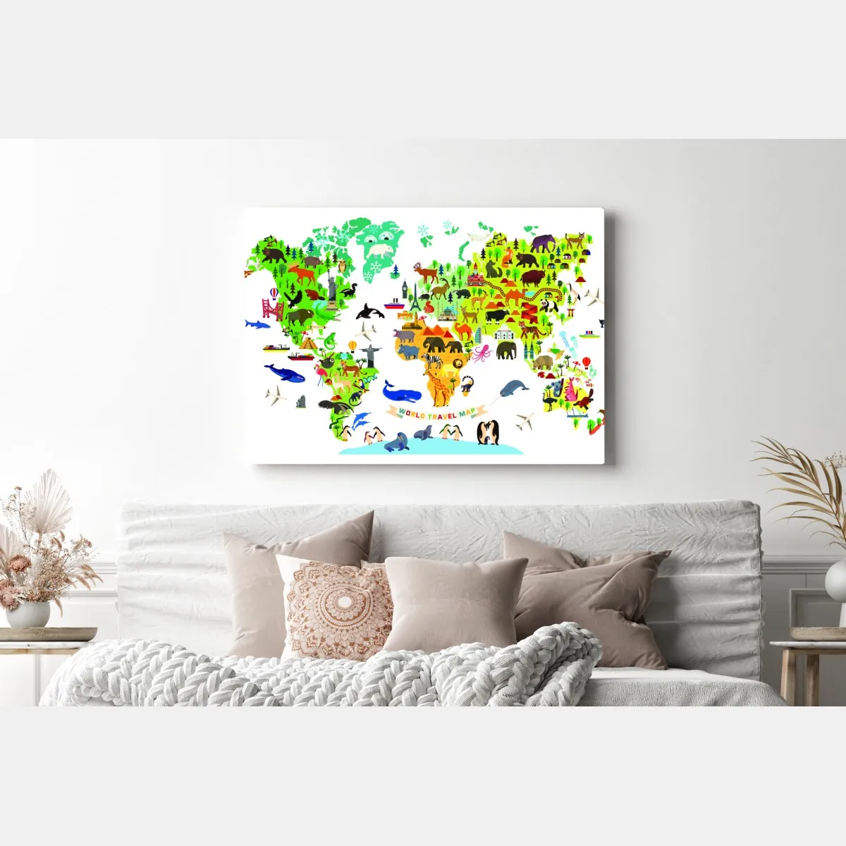 Obraz na płótnie kolorowa mapa świata z zwierzętami – Wallissimo® Obraz na płótnie kolorowa mapa świata z zwierzętami – Wallissimo®