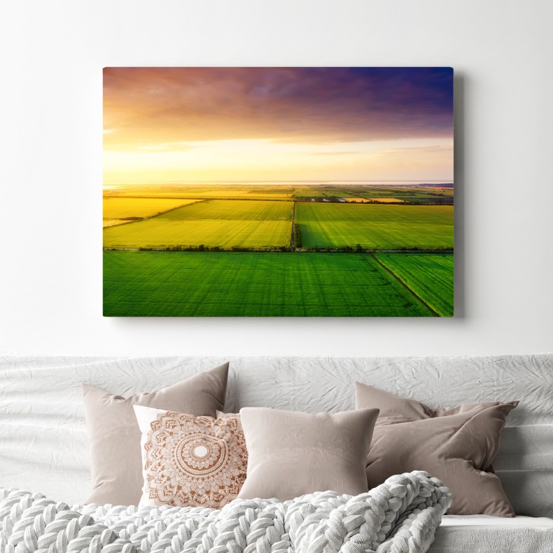 Obraz na płótnie zachód słońca nad zielonymi polami – Wallissimo® Obraz na płótnie zachód słońca nad zielonymi polami – Wallissimo®