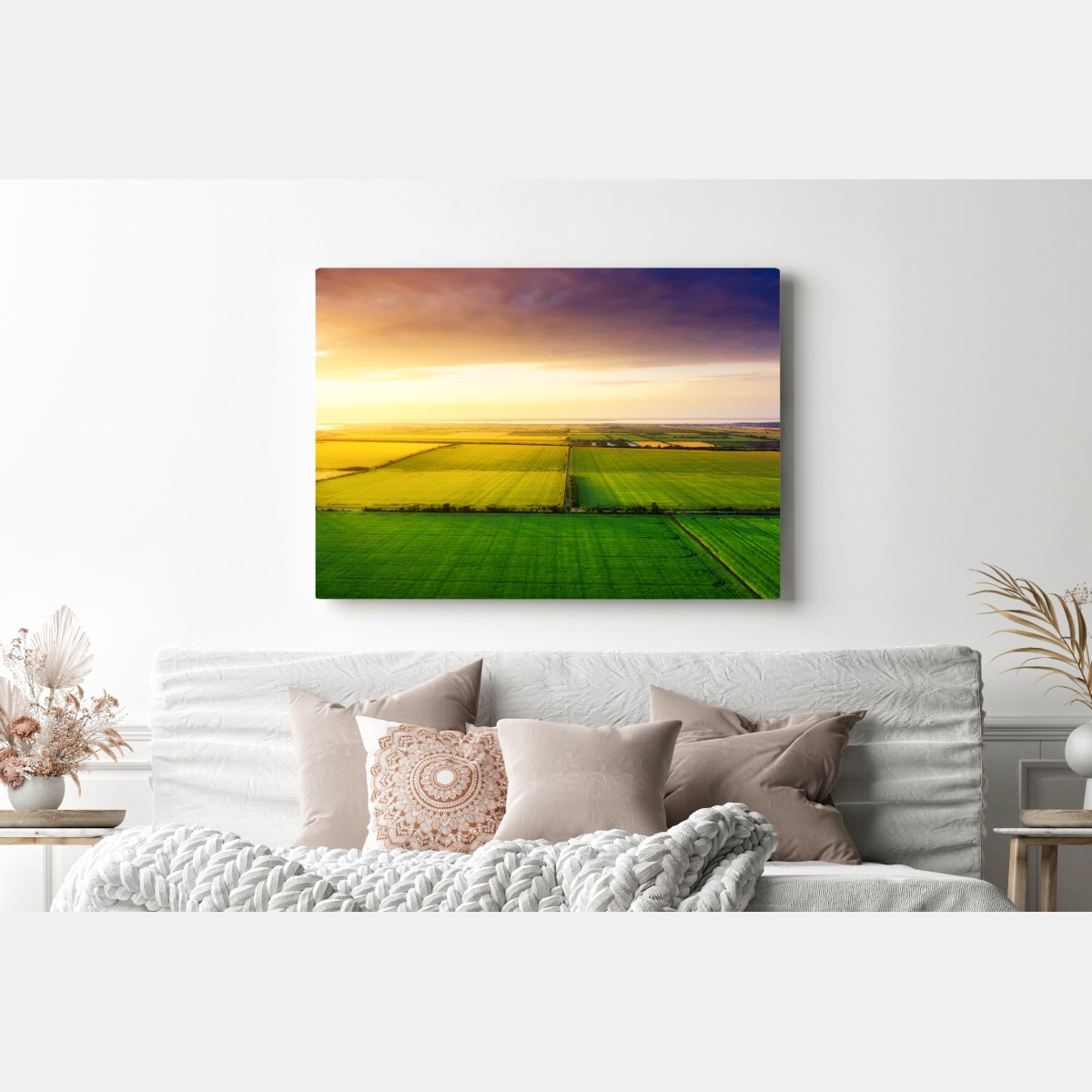 Obraz na płótnie zachód słońca nad zielonymi polami – Wallissimo® Obraz na płótnie zachód słońca nad zielonymi polami – Wallissimo®