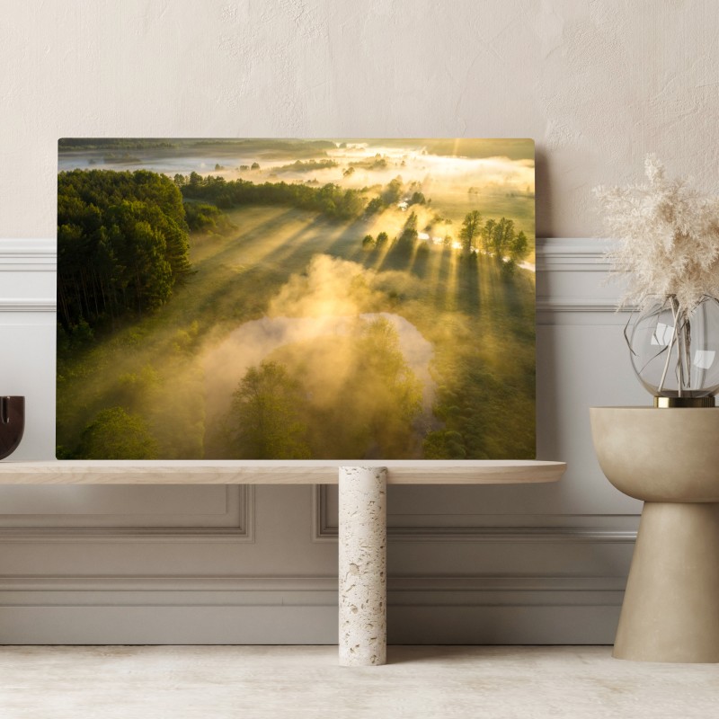 Obraz na płótnie złote poranne światło nad mglistą rzeką – Wallissimo® Obraz na płótnie złote poranne światło nad mglistą rzeką – Wallissimo®