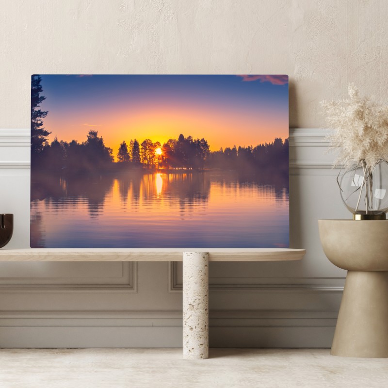 Obraz na płótnie mglisty zachód słońca nad jeziorem – Wallissimo® Obraz na płótnie mglisty zachód słońca nad jeziorem – Wallissimo®