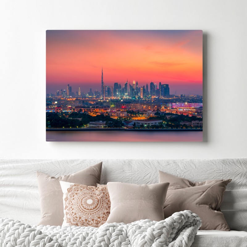 Obraz na płótnie panorama Dubaju o zachodzie słońca – Wallissimo® Obraz na płótnie panorama Dubaju o zachodzie słońca – Wallissimo®