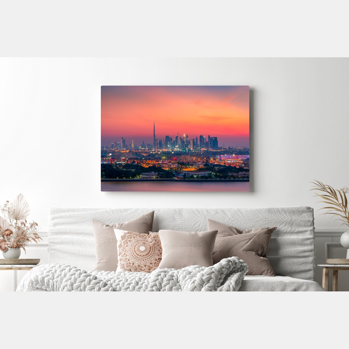 Obraz na płótnie panorama Dubaju o zachodzie słońca – Wallissimo® Obraz na płótnie panorama Dubaju o zachodzie słońca – Wallissimo®