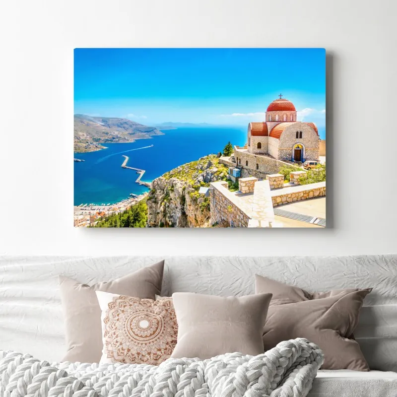 Obraz na płótnie grecki kościół na klifie nad morzem – Wallissimo® Obraz na płótnie grecki kościół na klifie nad morzem – Wallissimo®