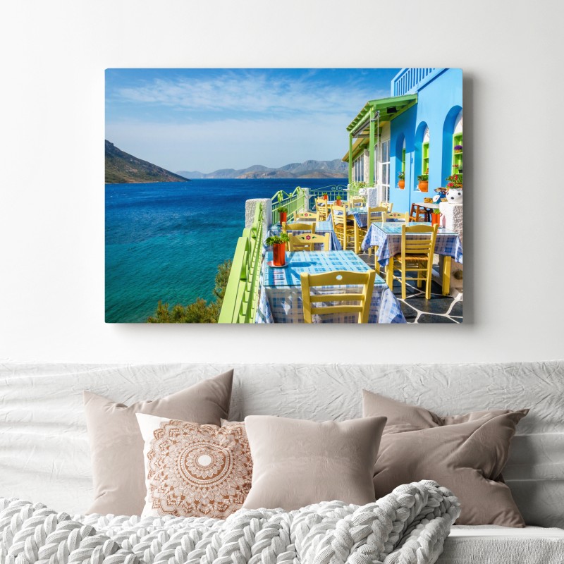 Obraz na płótnie słoneczny taras nad Morzem Śródziemnym – Wallissimo® Obraz na płótnie słoneczny taras nad Morzem Śródziemnym – Wallissimo®