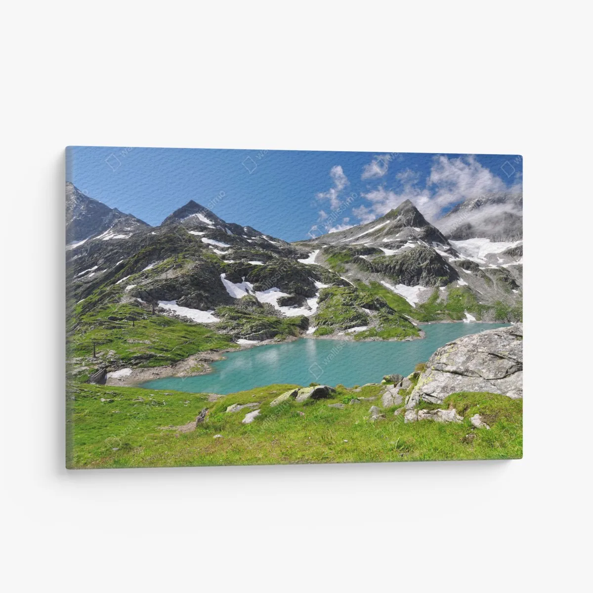 Obraz na płótnie alpejskie jezioro z turkusową wodą i górami – Wallissimo® Obraz na płótnie alpejskie jezioro z turkusową wodą i górami – Wallissimo®