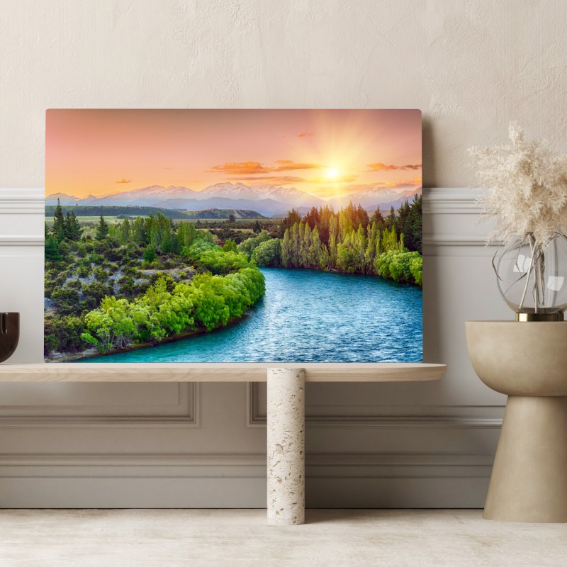 Obraz na płótnie zachód słońca nad rzeką Clutha i Alpami Południowymi – Wallissimo® Obraz na płótnie zachód słońca nad rzeką Clutha i Alpami Południowymi – Wallissimo®
