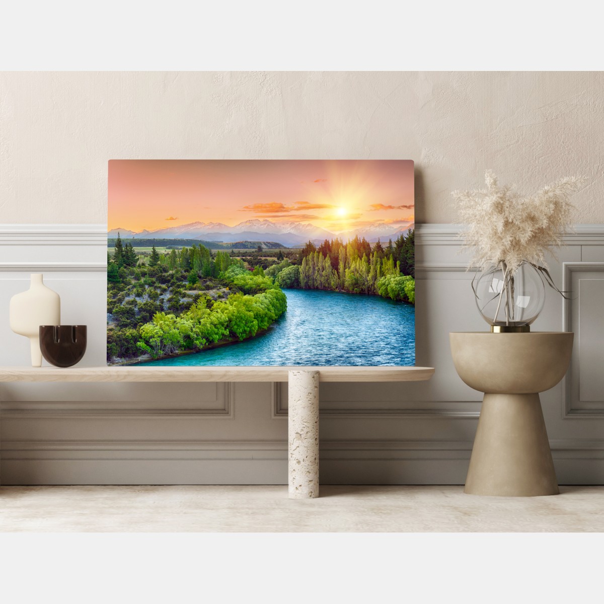 Obraz na płótnie zachód słońca nad rzeką Clutha i Alpami Południowymi – Wallissimo® Obraz na płótnie zachód słońca nad rzeką Clutha i Alpami Południowymi – Wallissimo®