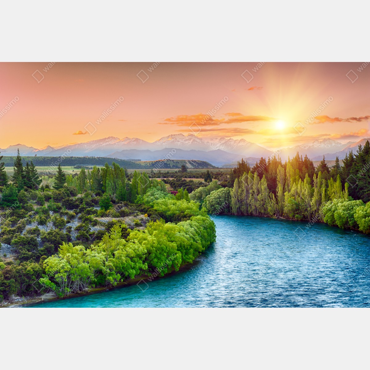 Obraz na płótnie zachód słońca nad rzeką Clutha i Alpami Południowymi – Wallissimo® Obraz na płótnie zachód słońca nad rzeką Clutha i Alpami Południowymi – Wallissimo®