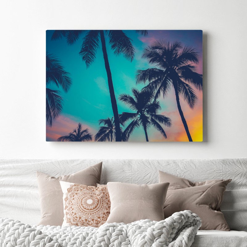 Obraz na płótnie vintage palmy na Hawajach o zachodzie słońca – Wallissimo® Obraz na płótnie vintage palmy na Hawajach o zachodzie słońca – Wallissimo®