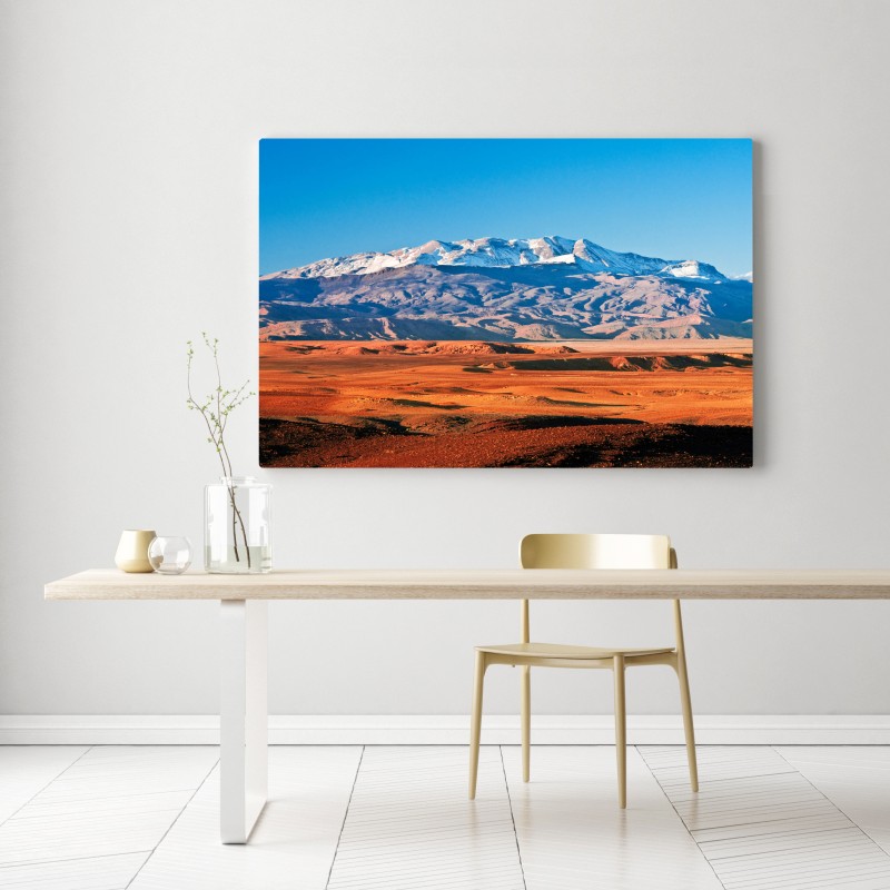 Obraz na płótnie pustynia oświetlona słońcem z zaśnieżonymi górami – Wallissimo® Obraz na płótnie pustynia oświetlona słońcem z zaśnieżonymi górami – Wallissimo®