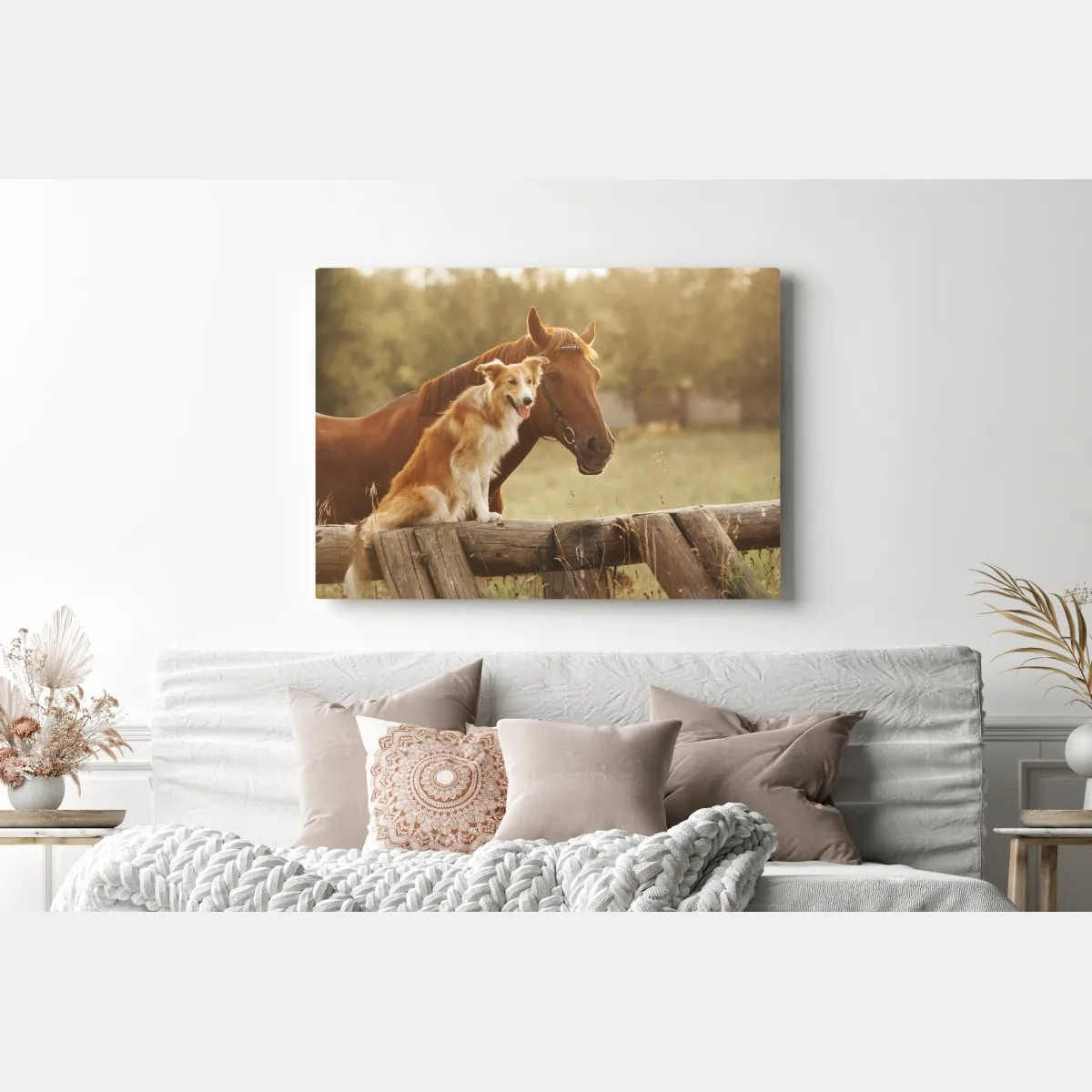 Obraz na płótnie słoneczni towarzysze: pies i koń – Wallissimo® Obraz na płótnie słoneczni towarzysze: pies i koń – Wallissimo®