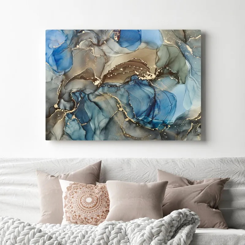 Obraz na płótnie abstrakcja w odcieniach niebieskiego i złota – Wallissimo® Obraz na płótnie abstrakcja w odcieniach niebieskiego i złota – Wallissimo®