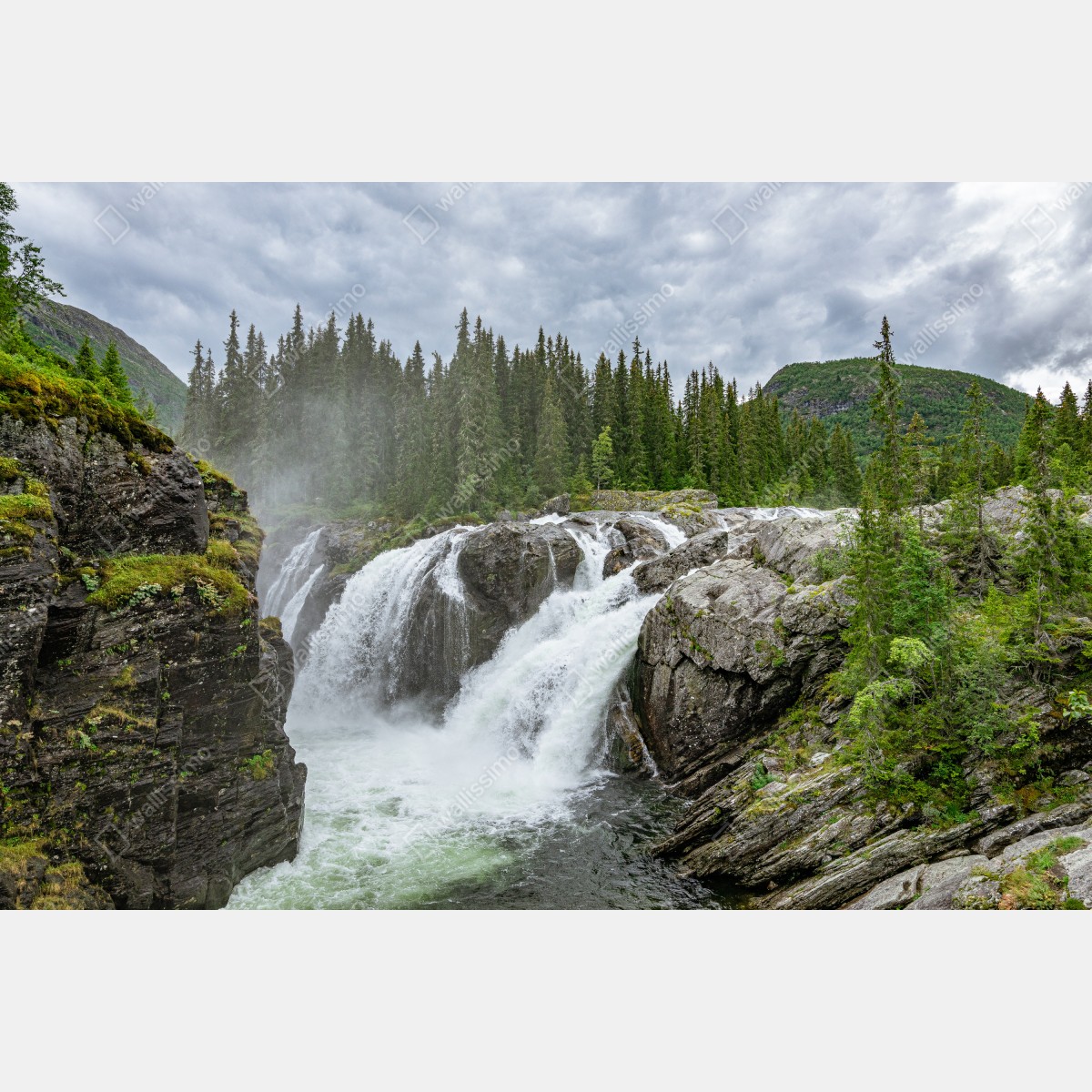 Obraz na płótnie mglisty wodospad w bujnym sosnowym lesie – Wallissimo® Obraz na płótnie mglisty wodospad w bujnym sosnowym lesie – Wallissimo®