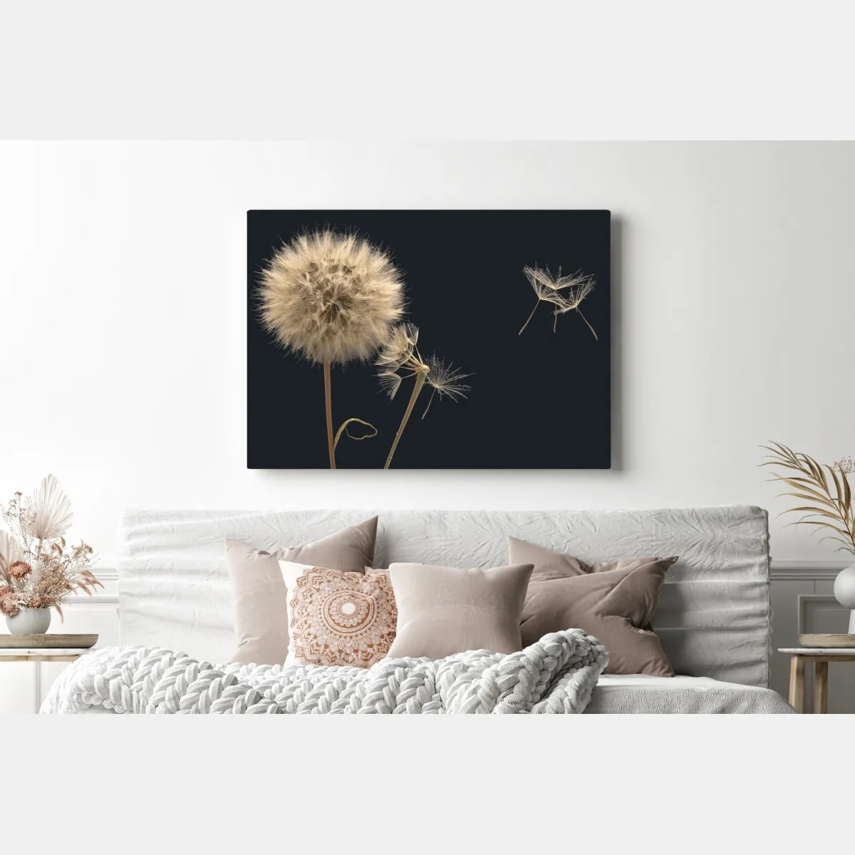 Obraz na płótnie delikatny dmuchawiec na ciemnym tle – Wallissimo® Obraz na płótnie delikatny dmuchawiec na ciemnym tle – Wallissimo®