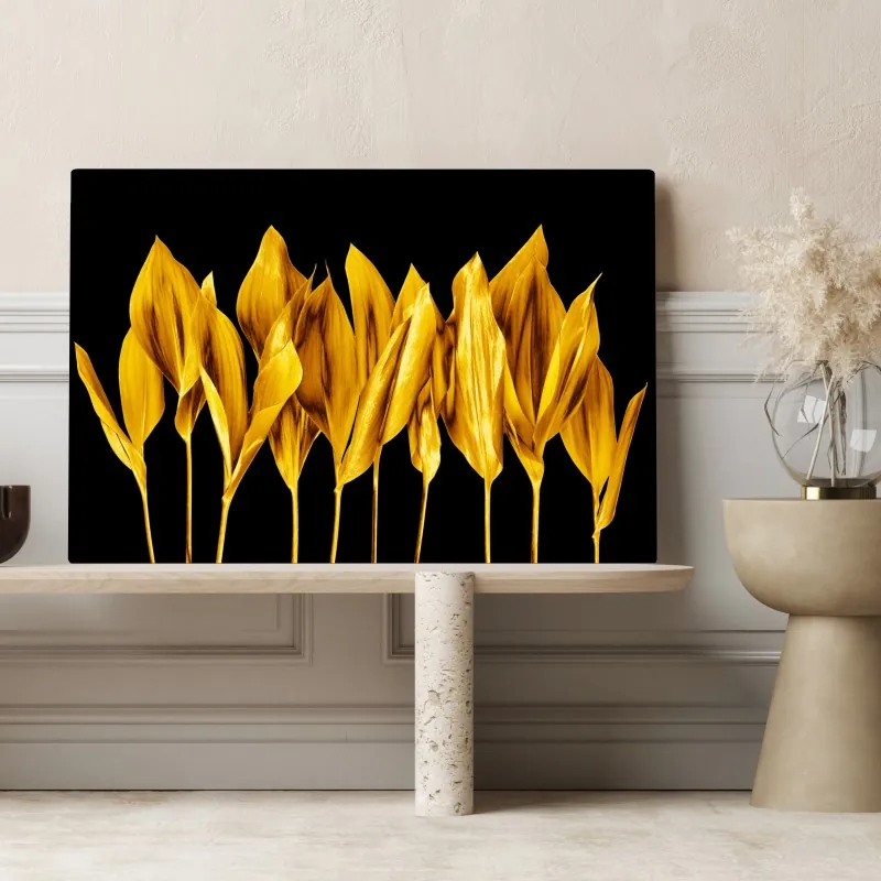 Obraz na płótnie złote liście na czarnym tle – Wallissimo® Obraz na płótnie złote liście na czarnym tle – Wallissimo®