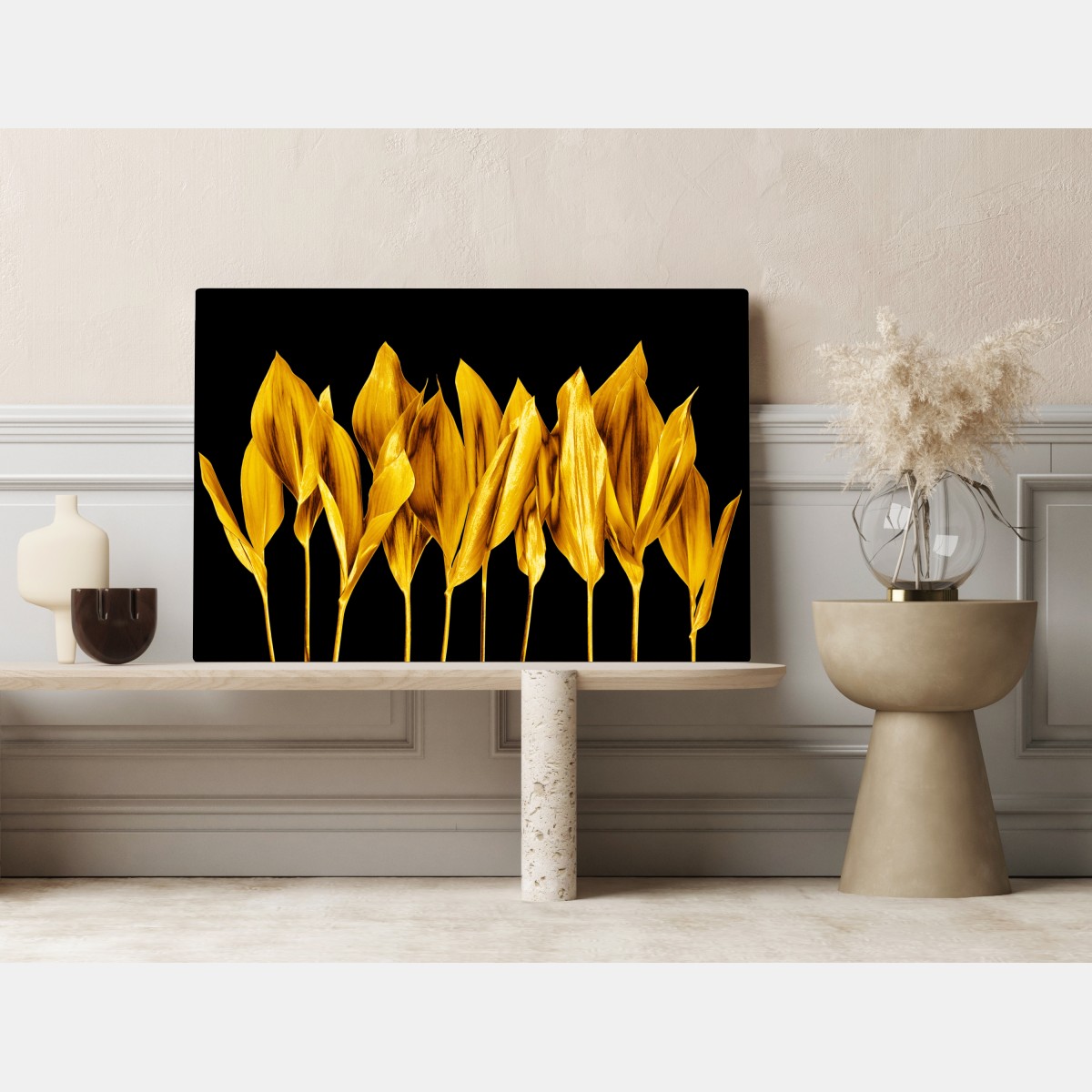 Obraz na płótnie złote liście na czarnym tle – Wallissimo® Obraz na płótnie złote liście na czarnym tle – Wallissimo®