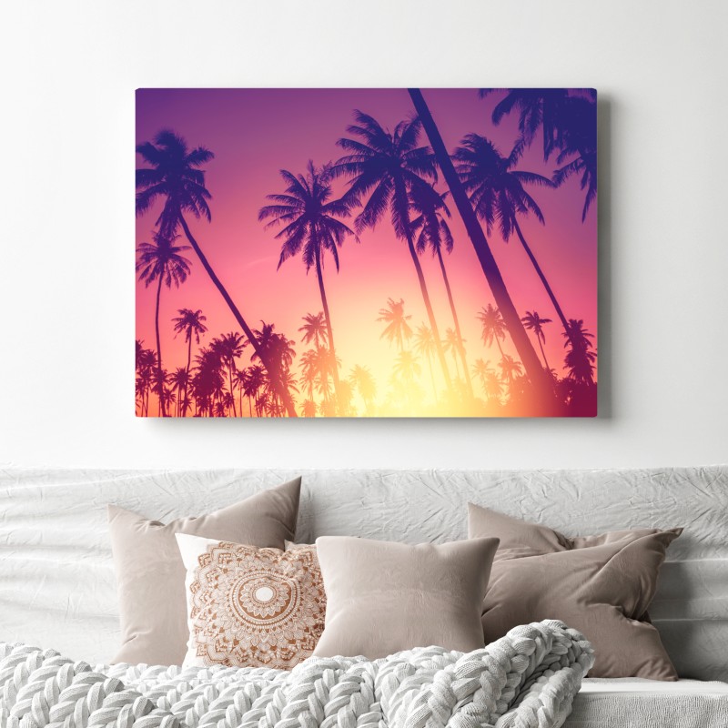 Obraz na płótnie tropikalny zachód słońca z palmami – Wallissimo® Obraz na płótnie tropikalny zachód słońca z palmami – Wallissimo®