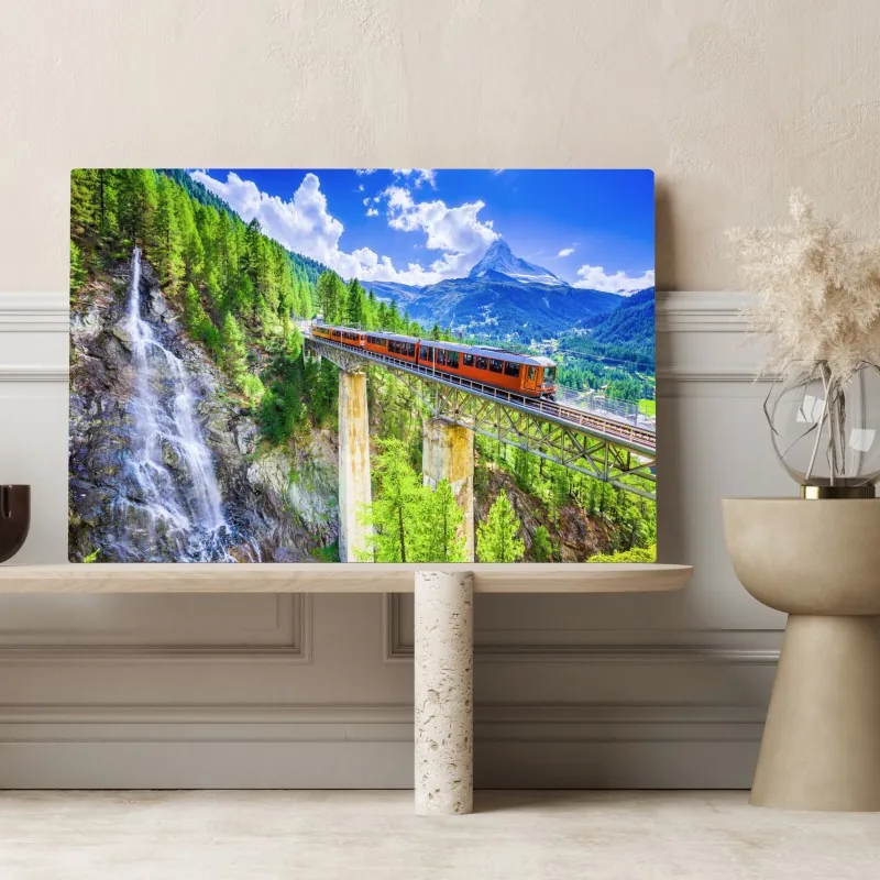 Obraz na płótnie pociąg Gornergrat na alpejskim moście z Matterhornem – Wallissimo® Obraz na płótnie pociąg Gornergrat na alpejskim moście z Matterhornem – Wallissimo®