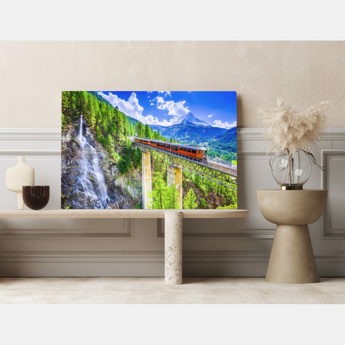 Obraz na płótnie pociąg Gornergrat na alpejskim moście z Matterhornem – Wallissimo® Obraz na płótnie pociąg Gornergrat na alpejskim moście z Matterhornem – Wallissimo®