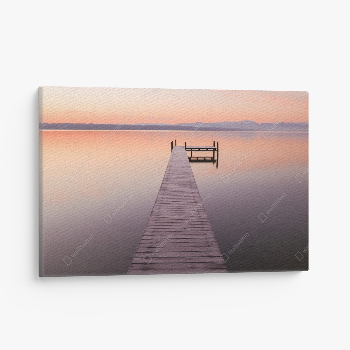 Canvas print tranquil pier at sunrise over pastel lake