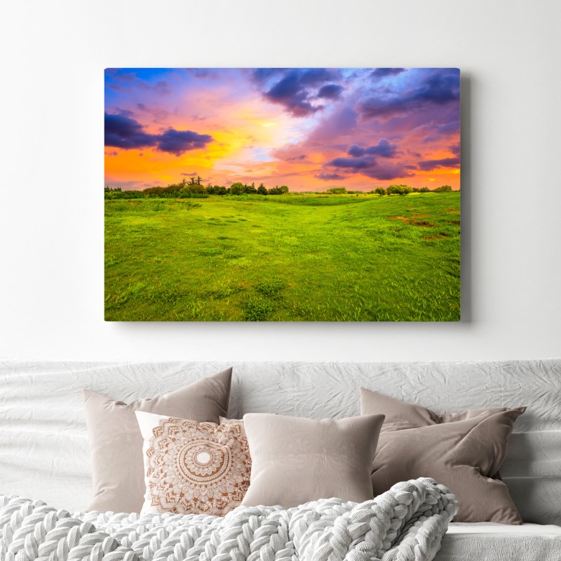 Obraz na płótnie zachód słońca nad zieloną łąką – Wallissimo® Obraz na płótnie zachód słońca nad zieloną łąką – Wallissimo®