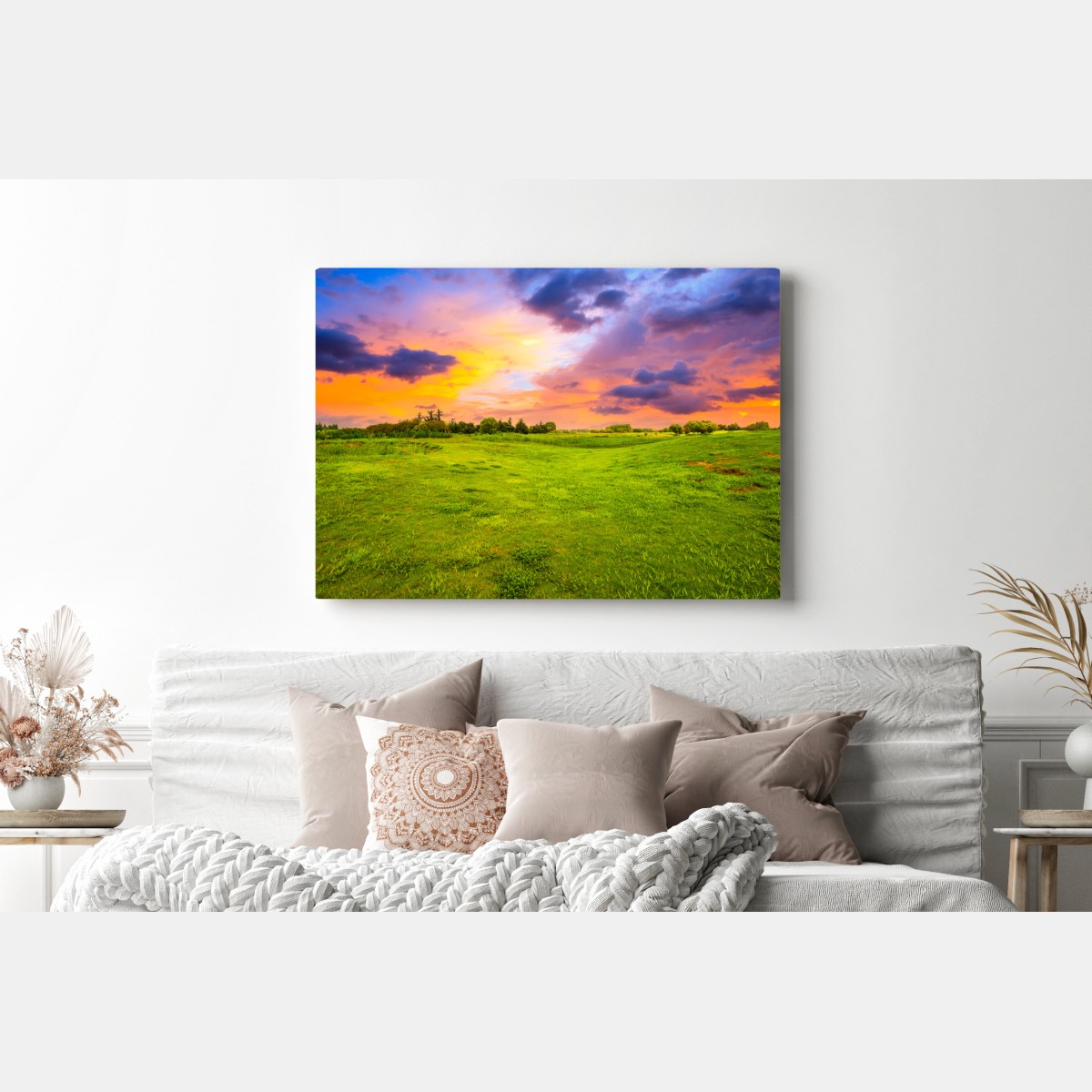 Obraz na płótnie zachód słońca nad zieloną łąką – Wallissimo® Obraz na płótnie zachód słońca nad zieloną łąką – Wallissimo®