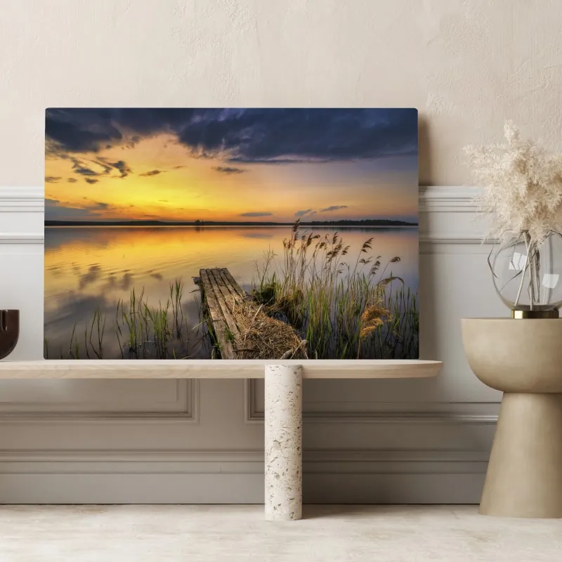 Obraz na płótnie złoty zachód słońca nad jeziorem – Wallissimo® Obraz na płótnie złoty zachód słońca nad jeziorem – Wallissimo®