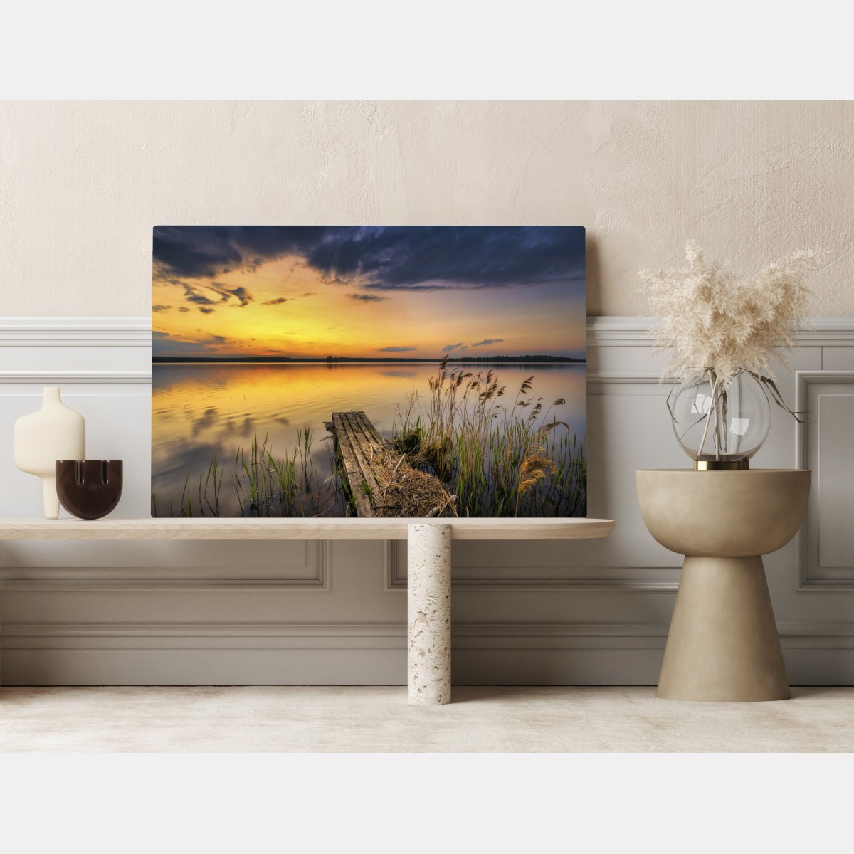 Obraz na płótnie złoty zachód słońca nad jeziorem – Wallissimo® Obraz na płótnie złoty zachód słońca nad jeziorem – Wallissimo®