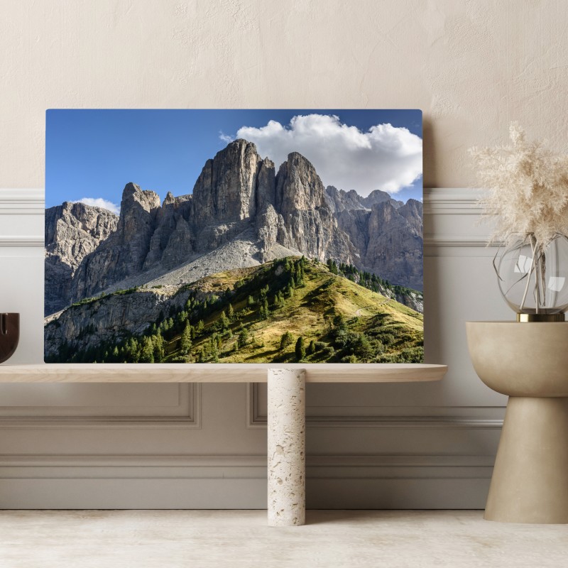 Obraz na płótnie majestatyczne alpejskie szczyty nad zielonymi zboczami – Wallissimo® Obraz na płótnie majestatyczne alpejskie szczyty nad zielonymi zboczami – Wallissimo®