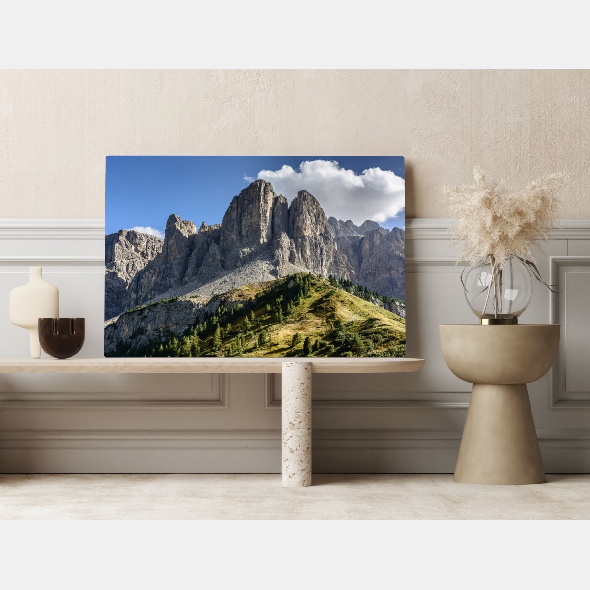 Obraz na płótnie majestatyczne alpejskie szczyty nad zielonymi zboczami – Wallissimo® Obraz na płótnie majestatyczne alpejskie szczyty nad zielonymi zboczami – Wallissimo®