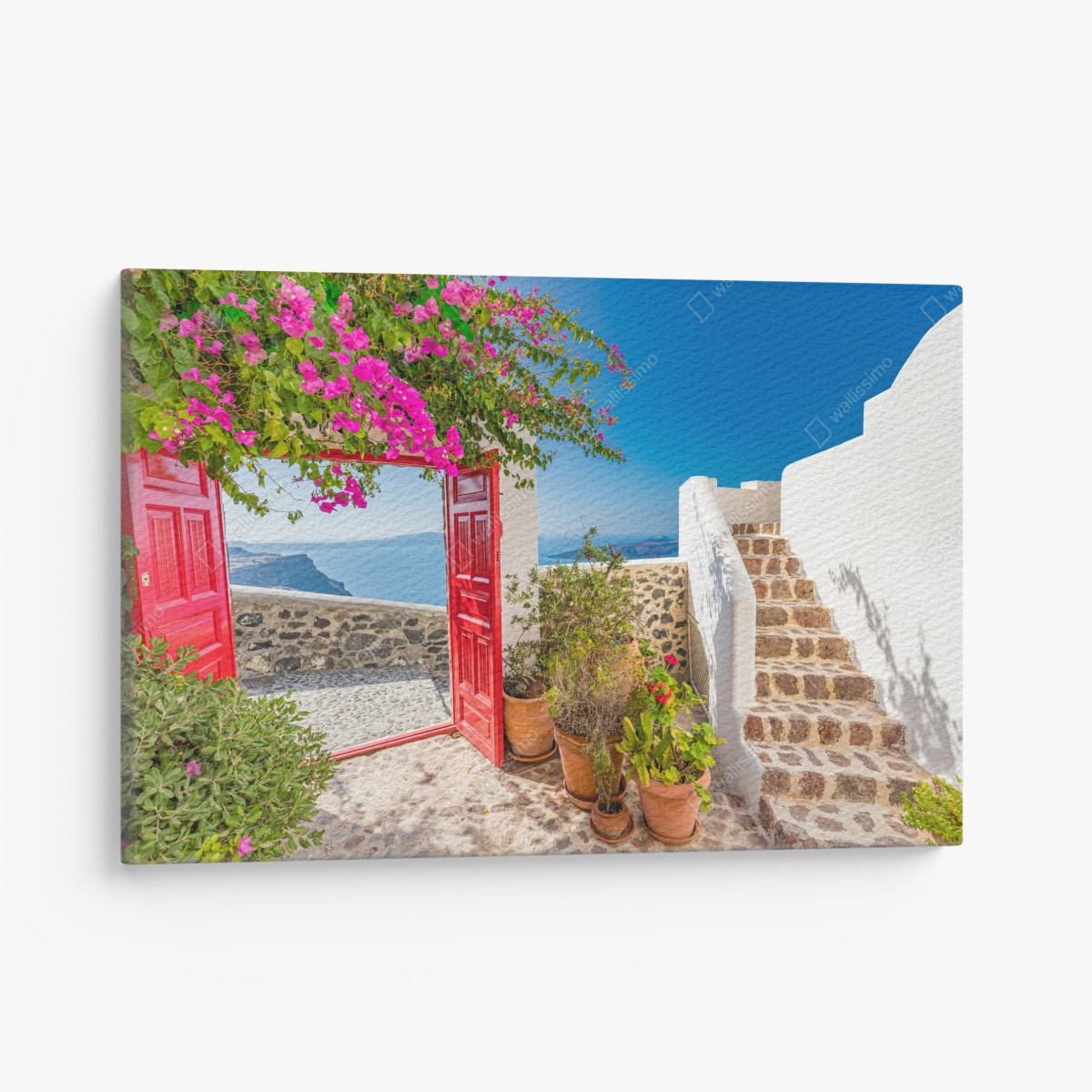 Canvas print sunlit mediterranean terrace with sea view
