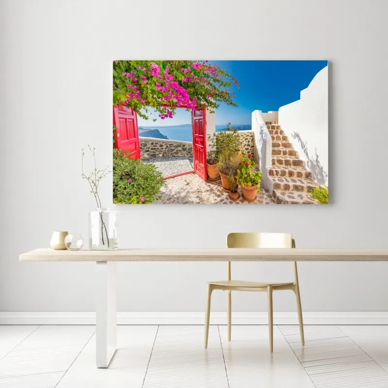 Obraz na płótnie słoneczny taras śródziemnomorski z widokiem na morze – Wallissimo® Obraz na płótnie słoneczny taras śródziemnomorski z widokiem na morze – Wallissimo®