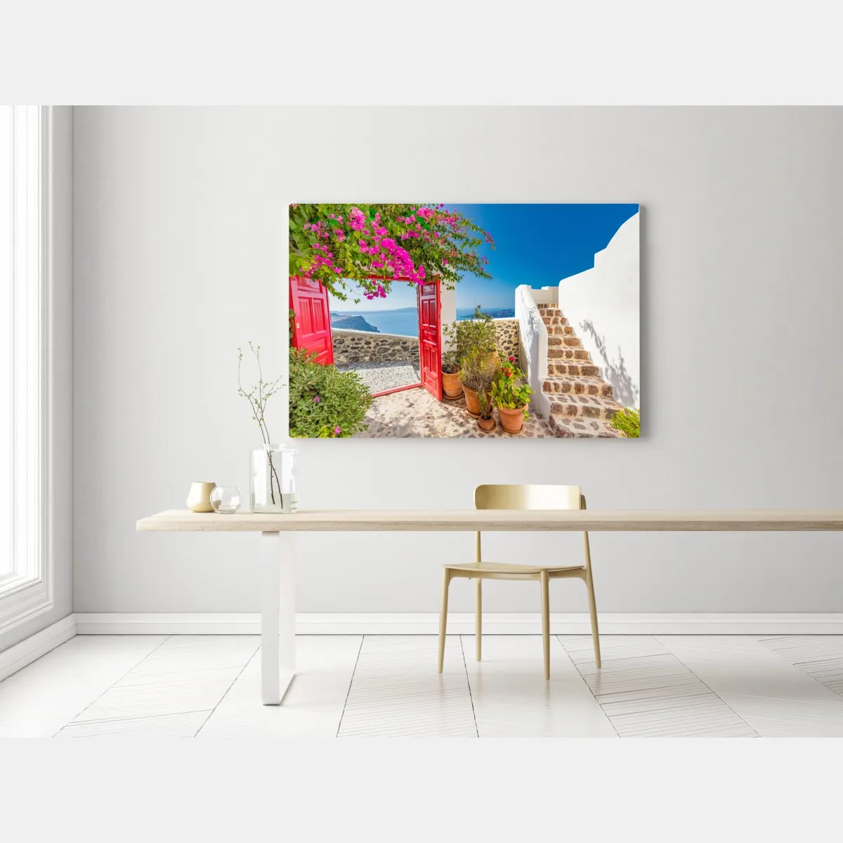 Obraz na płótnie słoneczny taras śródziemnomorski z widokiem na morze – Wallissimo® Obraz na płótnie słoneczny taras śródziemnomorski z widokiem na morze – Wallissimo®