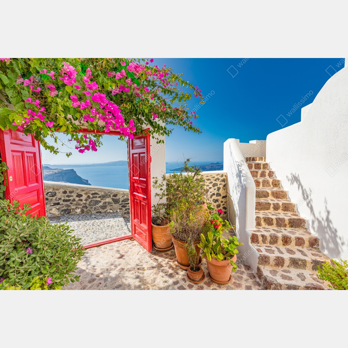 Obraz na płótnie słoneczny taras śródziemnomorski z widokiem na morze – Wallissimo® Obraz na płótnie słoneczny taras śródziemnomorski z widokiem na morze – Wallissimo®