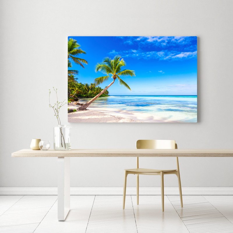 Obraz na płótnie tropikalna plaża z palmą – Wallissimo® Obraz na płótnie tropikalna plaża z palmą – Wallissimo®