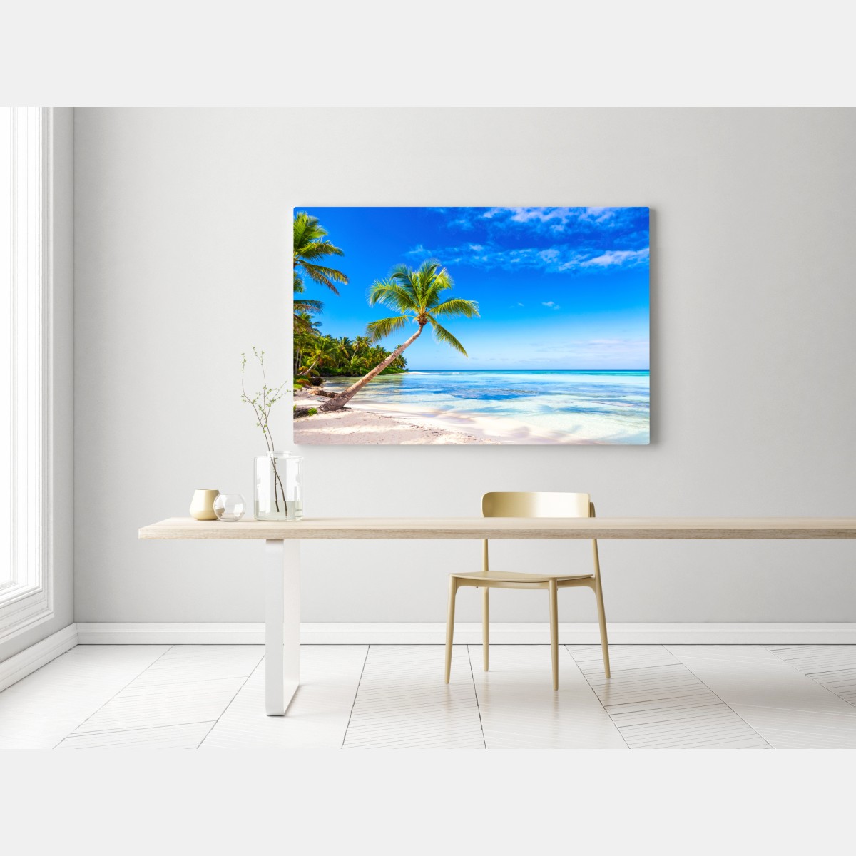 Obraz na płótnie tropikalna plaża z palmą – Wallissimo® Obraz na płótnie tropikalna plaża z palmą – Wallissimo®