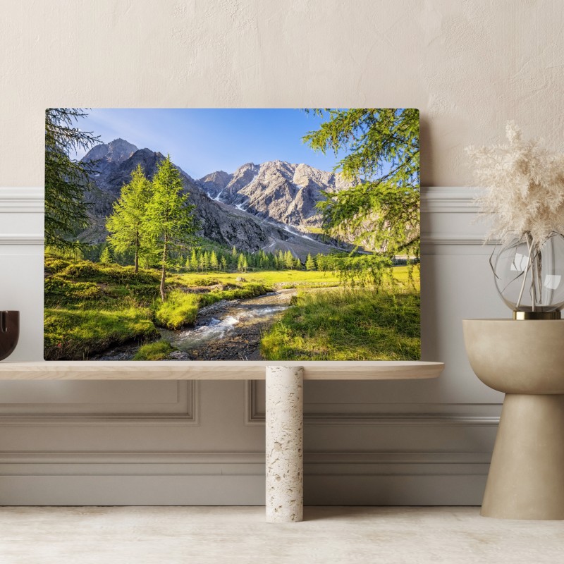 Obraz na płótnie alpejska łąka z górskim strumieniem – Wallissimo® Obraz na płótnie alpejska łąka z górskim strumieniem – Wallissimo®