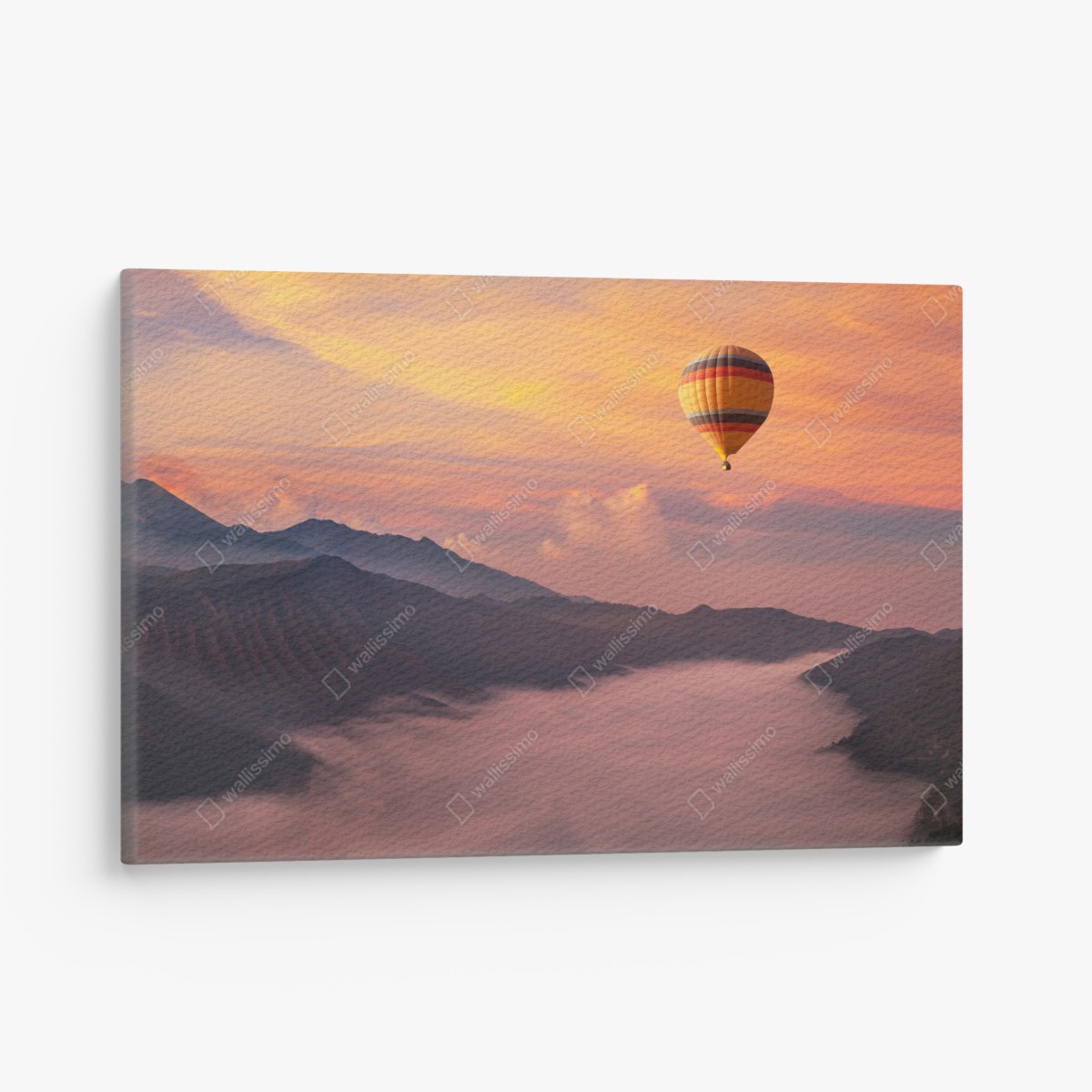 Canvas print sunrise balloon over misty mountains