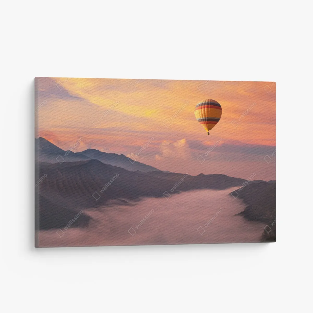 Obraz na płótnie wschodzący balon nad mglistymi górami – Wallissimo® Obraz na płótnie wschodzący balon nad mglistymi górami – Wallissimo®
