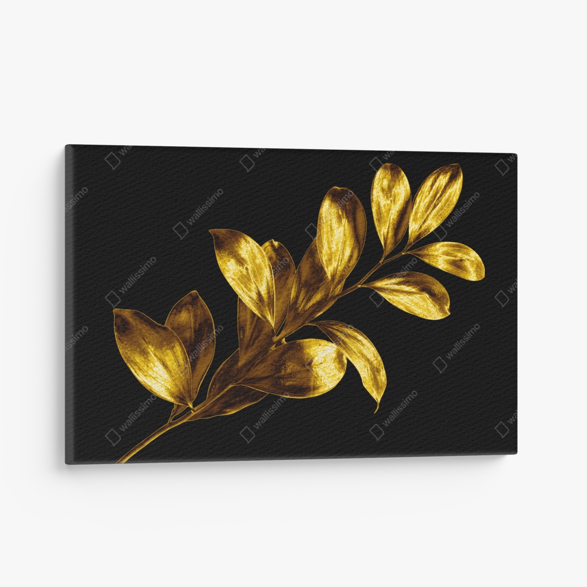 Canvas print golden leaf branch on black