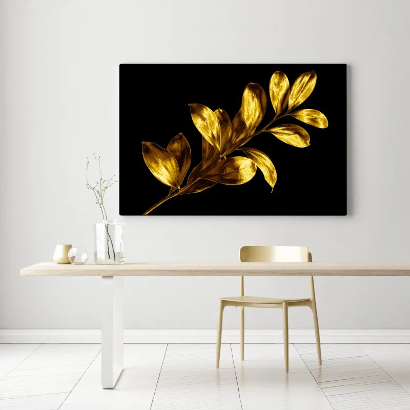 Obraz na płótnie złota gałąź liści na czarnym tle – Wallissimo® Obraz na płótnie złota gałąź liści na czarnym tle – Wallissimo®