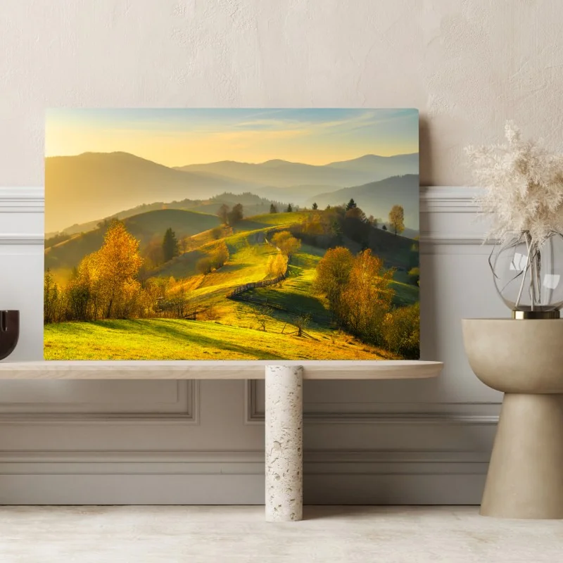 Obraz na płótnie złote jesienne wzgórza o zachodzie słońca – Wallissimo® Obraz na płótnie złote jesienne wzgórza o zachodzie słońca – Wallissimo®